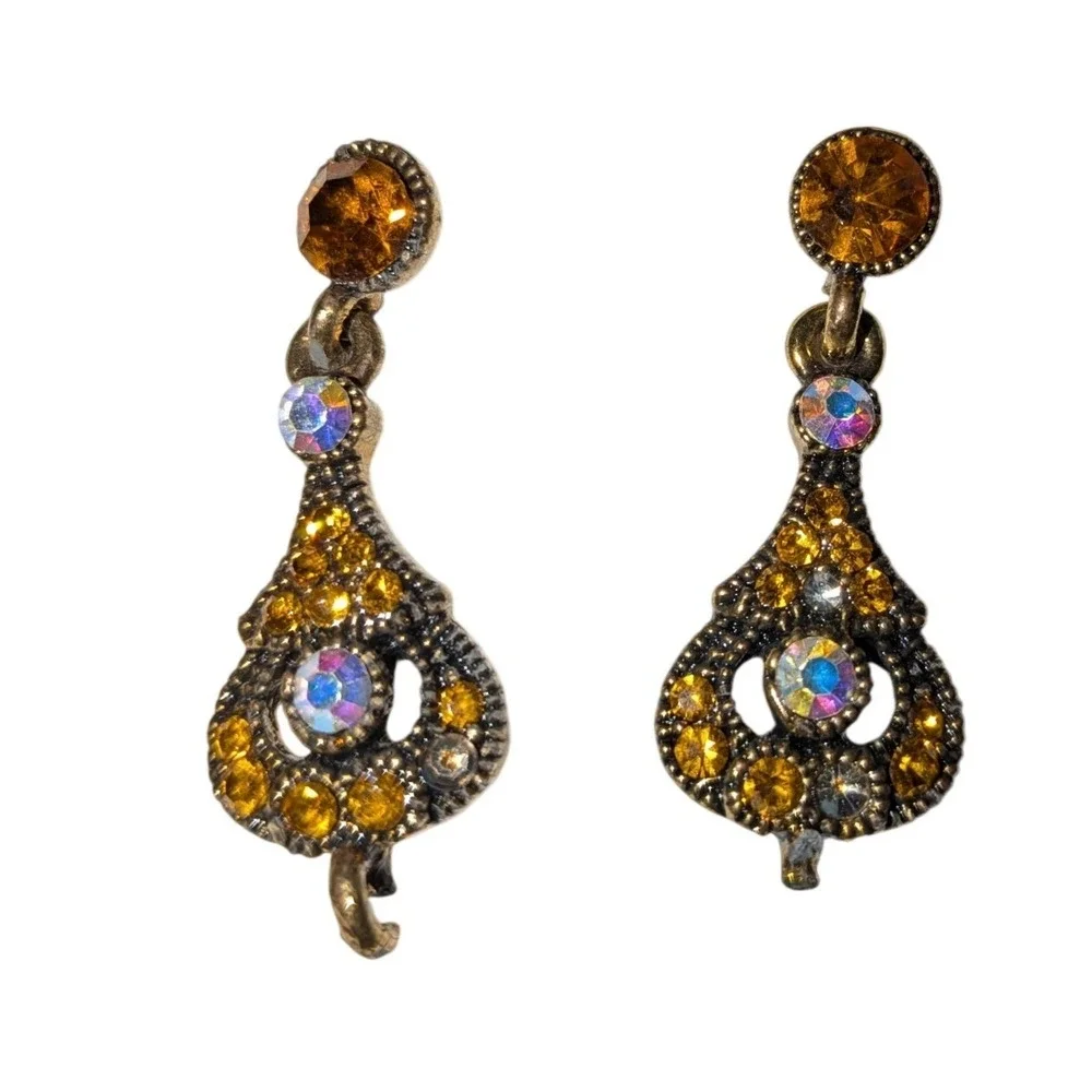 Boutique‎ Amber Aurora Borealis Rhinestone Antique Brass Drop Earrings NEW